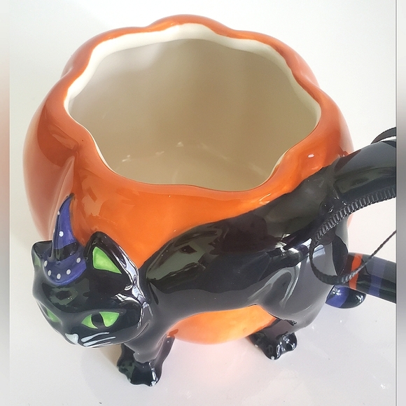 Blue Sky Clayworks Halloween 3D Cat Pumpkin Coffee Mug 16oz NWT Collectible - Picture 10 of 12